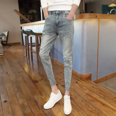 春季牛仔裤2023新款潮牌男潮流小脚裤痞帅加厚休闲裤子破洞九分裤商品大图