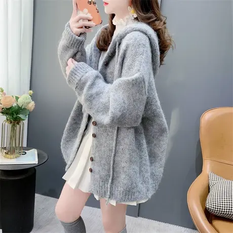 宽松慵懒风纯色连帽毛衣外套女秋冬2023新款洋气网红百搭针织开衫图片