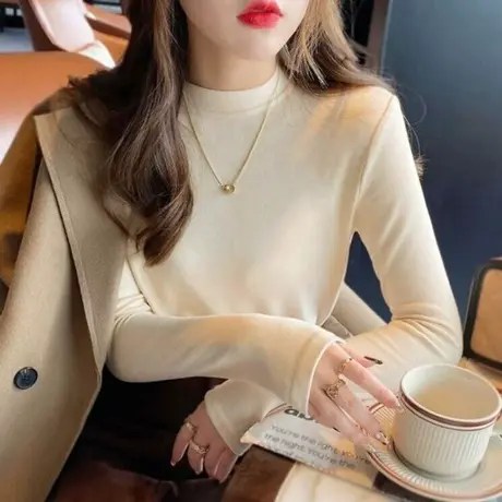 德绒保暖外穿秋衣女秋冬修身加厚长袖T恤大衣内搭半高领打底衫商品大图