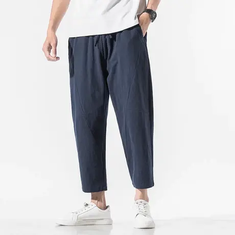 九分裤男夏季裤子复古棉麻休闲裤加肥加大码直筒宽松个性裤子男装商品大图