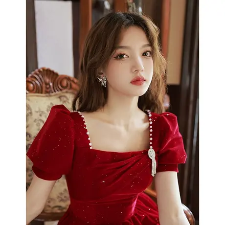 法式敬酒服新娘2024新款秋季小个子酒红色订婚礼服连衣裙回门钉珠商品大图