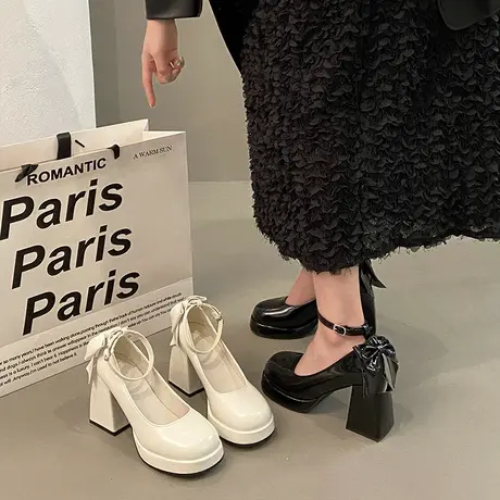 小个子白色高跟鞋设计感小众法式玛丽珍鞋仙女风蝴蝶结lolita单鞋商品大图