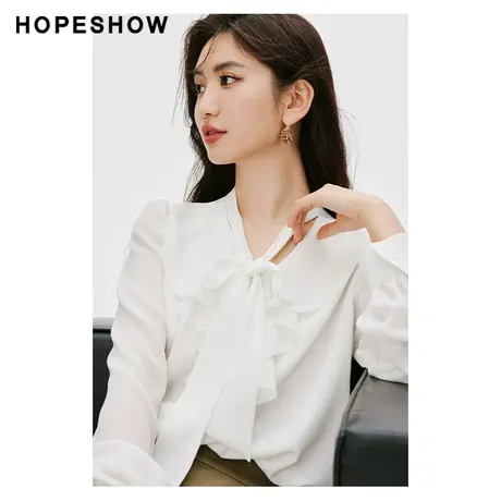 红袖优雅精致法式木耳边衬衫hopeshow2024春新款飘带领白色上衣商品大图