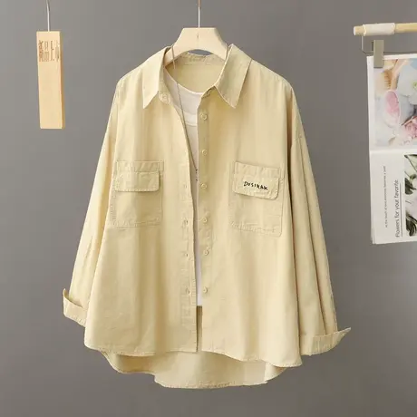 早春新款黄色衬衫式外套女宽松大码韩版叠穿衬衣外搭春秋上衣开衫图片