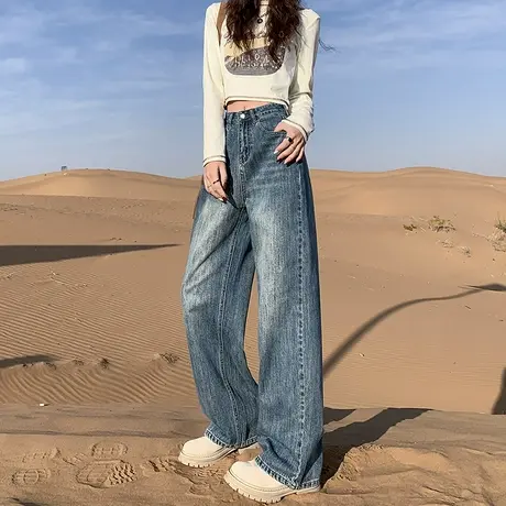 复古蓝阔腿牛仔裤女春夏季新款高腰梨形身材宽松显瘦直筒拖地裤子商品大图