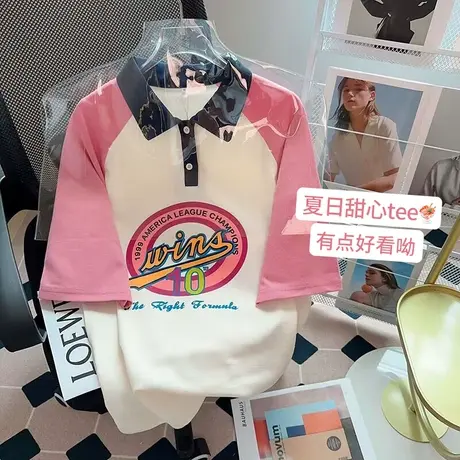纯棉polo衫插肩短袖t恤女夏季宽松设计感小众港味复古chic上衣服商品大图