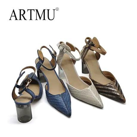 Artmu阿木原创复古高跟凉鞋女粗跟尖头水晶跟一字扣包头编织女鞋图片