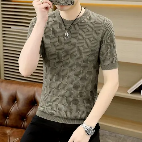 短袖t恤男士春秋季圆领内搭毛衣打底衫潮流波浪条纹半袖保暖冬装商品大图