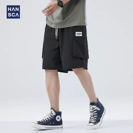 hansca黑色工装短裤男夏季薄款休闲裤直筒宽松大口袋潮流五分裤子商品大图