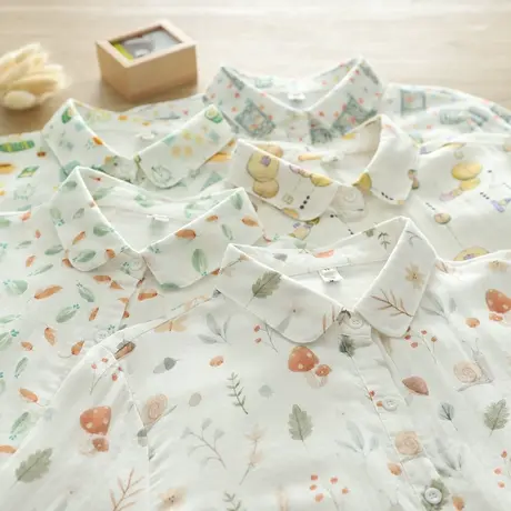 春秋装文艺小清新减龄印花双层纱全棉长袖衬衫女学生宽松百搭上衣图片