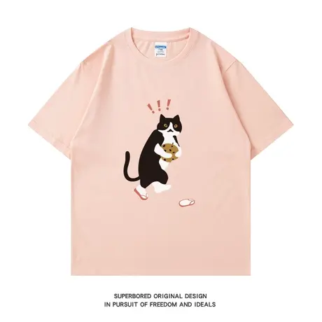 日系卡通趣味简约猫咪短袖t恤男纯棉宽松休闲圆领半袖体恤衫图片