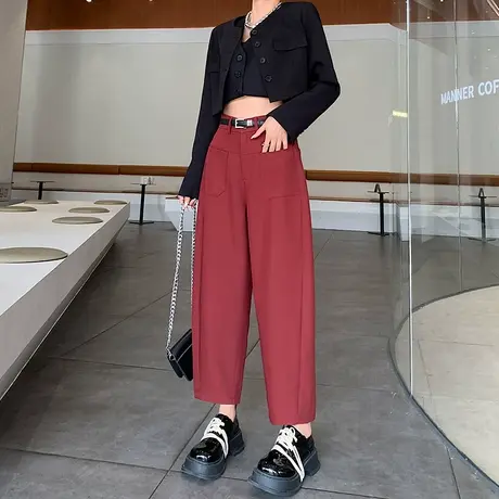 酒红色西装裤子女2024春秋新款高腰显瘦宽松垂感小个子直筒阔腿裤图片