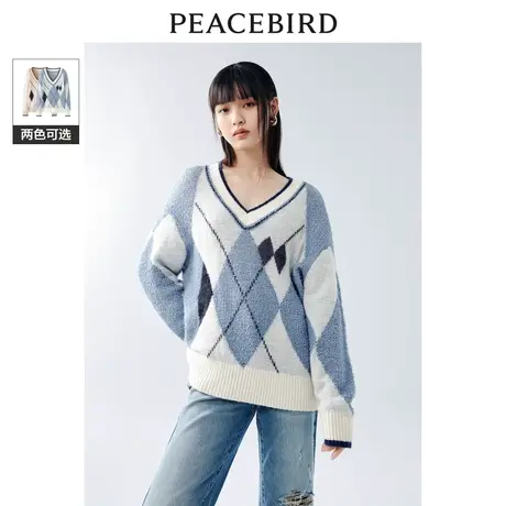 【昕怡粉丝专享】太平鸟菱形格V领毛衣女套头软糯绵羊毛针织衫女图片