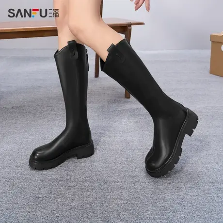三福长靴女新款时尚韩系简约复古骑士靴增高厚底百搭高筒靴825310图片