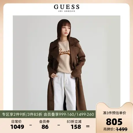 GUESS秋冬季女士欧美气质中长款肩宽廓形腰带风衣大衣W1BL35WE4T0图片