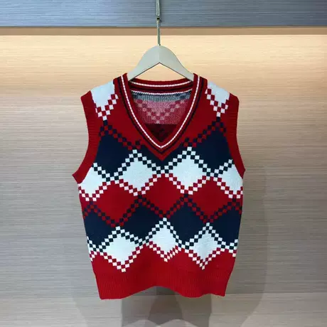 2023年新款外搭格子毛衣马甲背心女宽松韩版V领针织加厚菱形马夹图片