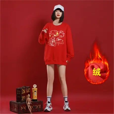 Ohlyah小熊潮牌港风印花圆领加绒加厚卫衣女男红色慵懒风情侣装商品大图