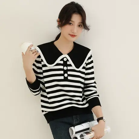 韩潮袭人韩版娃娃领针织衫女2023秋季新款休闲百搭条纹毛衣上衣商品大图