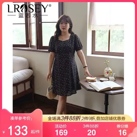 蓝若水大码法式方领高腰碎花裙夏季新款胖MM淑女显瘦雪纺连衣裙女图片