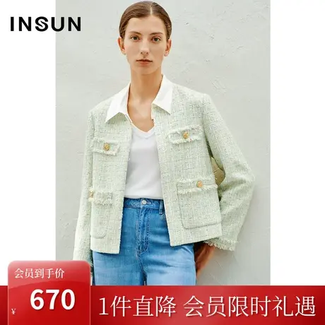 恩裳2023春款新款法式淡绿色粗花呢时尚名媛通勤短款外套商品大图