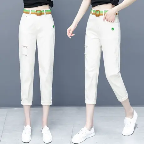 破洞哈伦牛仔裤女白色七分裤秋季新款宽松老爹裤小个子八分休闲裤商品大图