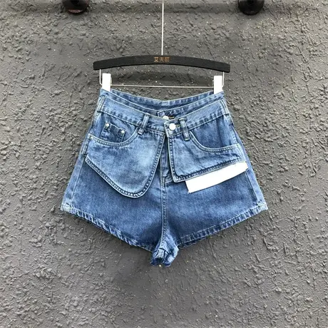 网红高腰牛仔短裤女夏新款口袋假两件设计感显瘦a字阔腿裤热裤潮商品大图