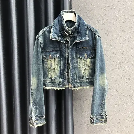 欧货个性立领设计感牛仔外套女2023秋季新款怀旧复古毛边短款上衣商品大图