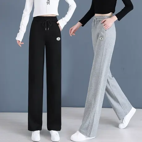 春秋季运动裤女2023新款松紧高腰休闲阔腿裤宽松百搭系带直筒卫裤商品大图