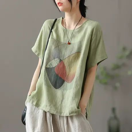 dza复古宽松棉麻上衣女士夏季薄款短袖t恤新款漂亮打底衫棉麻体恤商品大图
