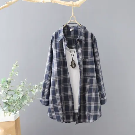 秋装新款复古文艺格子衬衫女长袖外套衬衣宽松休闲情侣开衫上衣服图片