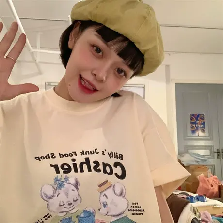 红续原创设计小众美式复古少女短袖t恤女2023年新款宽松夏季上衣商品大图