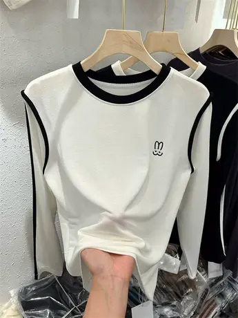 天丝轻薄针织衫撞色拼接上衣长袖女春2023新款兔子刺绣T恤打底衫商品大图