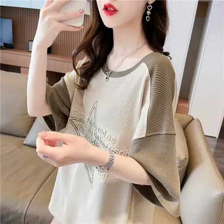 小众设计感短袖t恤女夏季韩版宽松大码小个子中长款撞色半袖上衣图片