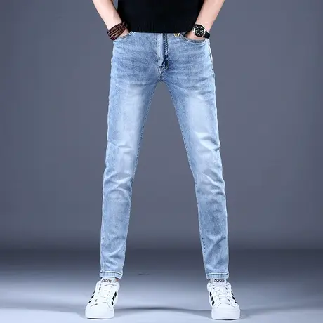 男士秋款新款牛仔裤子简约修身蓝灰色精致小脚裤2023百搭薄款潮牌商品大图