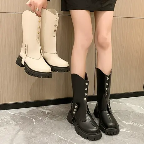 马丁靴女2023年新款皮面烟筒靴可拆卸辣妹机车靴时装靴短筒靴女鞋商品大图