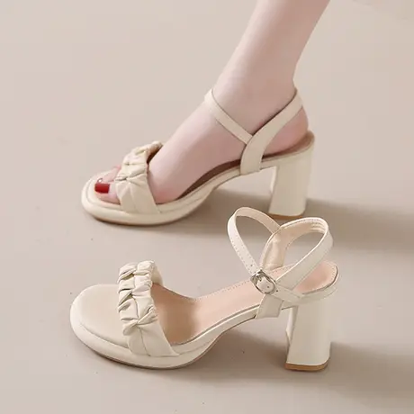 凉鞋女款2023年春季新款时尚温柔百搭小个子粗跟洋气一字扣高跟鞋商品大图