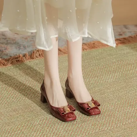 法式小香风单鞋女2023新款秋冬复古方头玛丽珍鞋软皮粗跟高跟鞋女图片