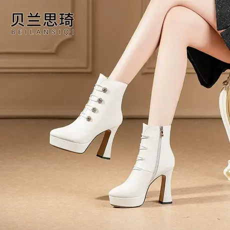 真皮水钻圆头防水台超高跟短靴女2023秋冬季新款厚底粗跟马丁靴子商品大图