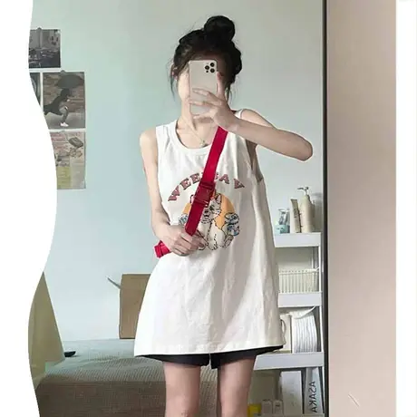 美式复古纯棉吊带运动坎肩背心无袖t恤女夏外穿宽松港风挂脖上衣商品大图