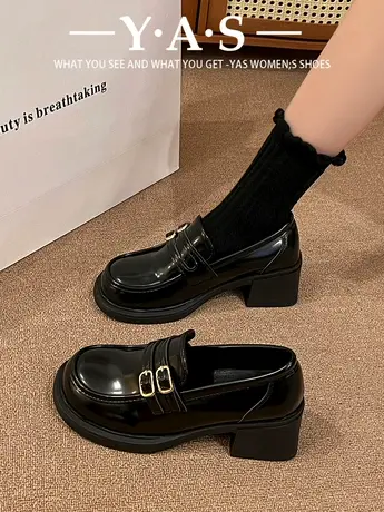 黑色英伦风复古增高厚底小皮鞋女2024新款春秋一脚蹬法式乐福单鞋图片
