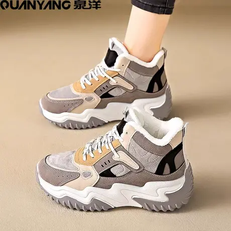 高帮老爹鞋女款2024新款冬季薄绒二棉鞋显脚小皮面运动鞋休闲炸街图片