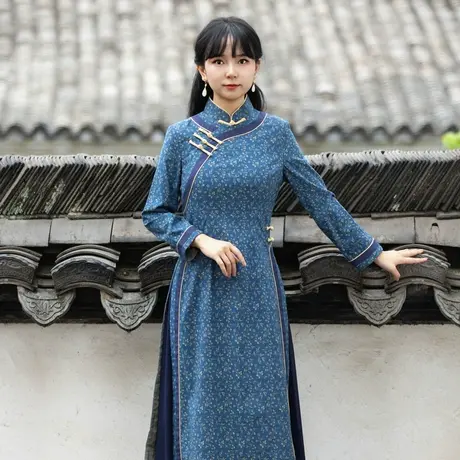 筠雅越南旗袍裙改良奥黛连衣裙女复古原创新款中式气质蓝色裙子图片