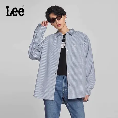 Lee商场同款24早春新品舒适版翻领浅蓝色条纹刺绣Logo男长袖衬衫图片