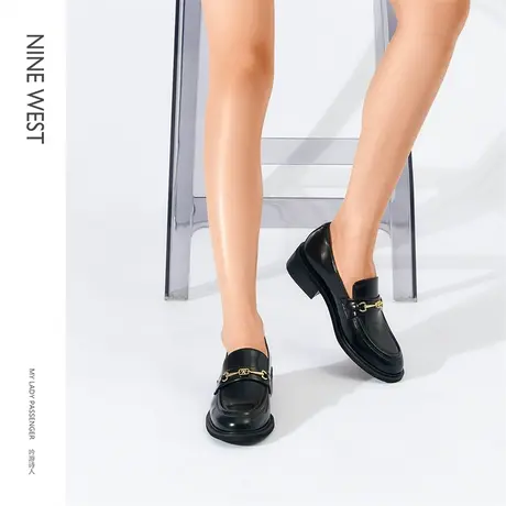 NineWest玖熙乐福鞋女春季新款金属扣英伦低跟单鞋小皮鞋真皮黑色图片