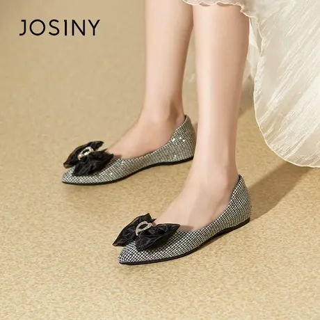 Josiny/卓诗尼尖头蝴蝶结毛呢单鞋女2023新款秋季高级感平底船鞋商品大图