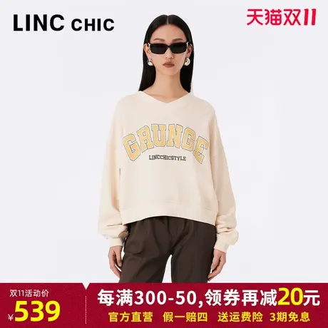 LINCCHIC金羽杰卫衣女2023年秋季新款V领落肩短箱外套S233HD385Y商品大图