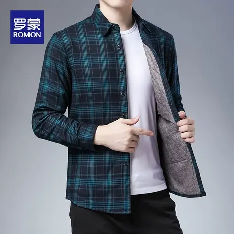罗蒙长袖衬衫男士加绒加厚羊毛格子衬衣2023新款中年休闲保暖上衣图片