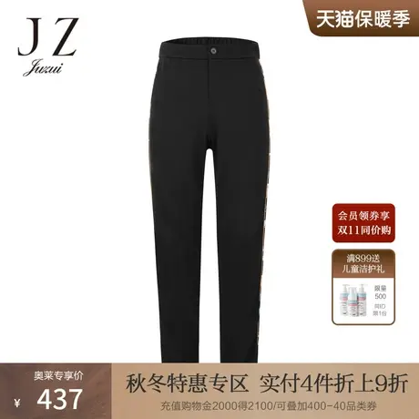 JZ玖姿天丝运动风松紧腰直筒裤2022秋季新款织带拼接舒适休闲裤商品大图