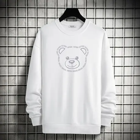 男生卫衣春秋款宽松潮流百搭小熊无帽上衣服加绒白色圆领长袖t恤商品大图
