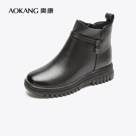 【门店发货】奥康女鞋 2022冬季新款简约短靴加绒保暖妈妈鞋真皮图片
